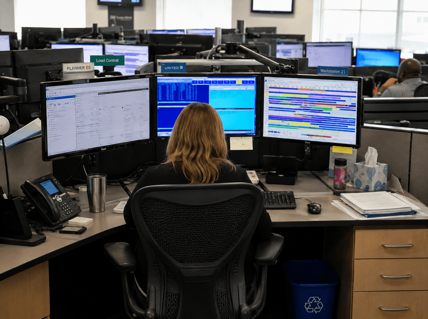 Central Load Planning employee working at a multi-monitor operations workstation